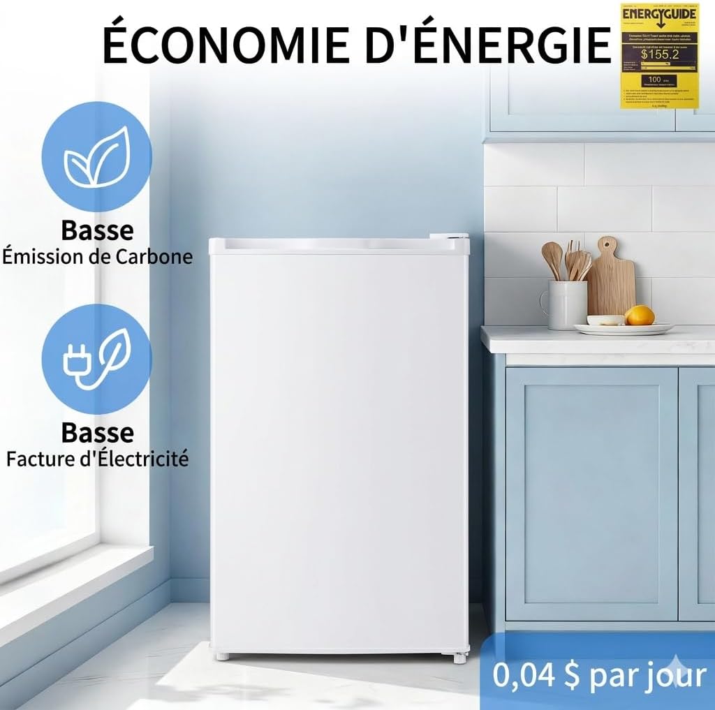 Mini réfrigérateur 90,8 L avec congélateur à porte simple, thermostat à 7 réglages. Économe en énergie et silencieux, modèle compact idéal for bureau, chambre et dortoir, couleur blanche