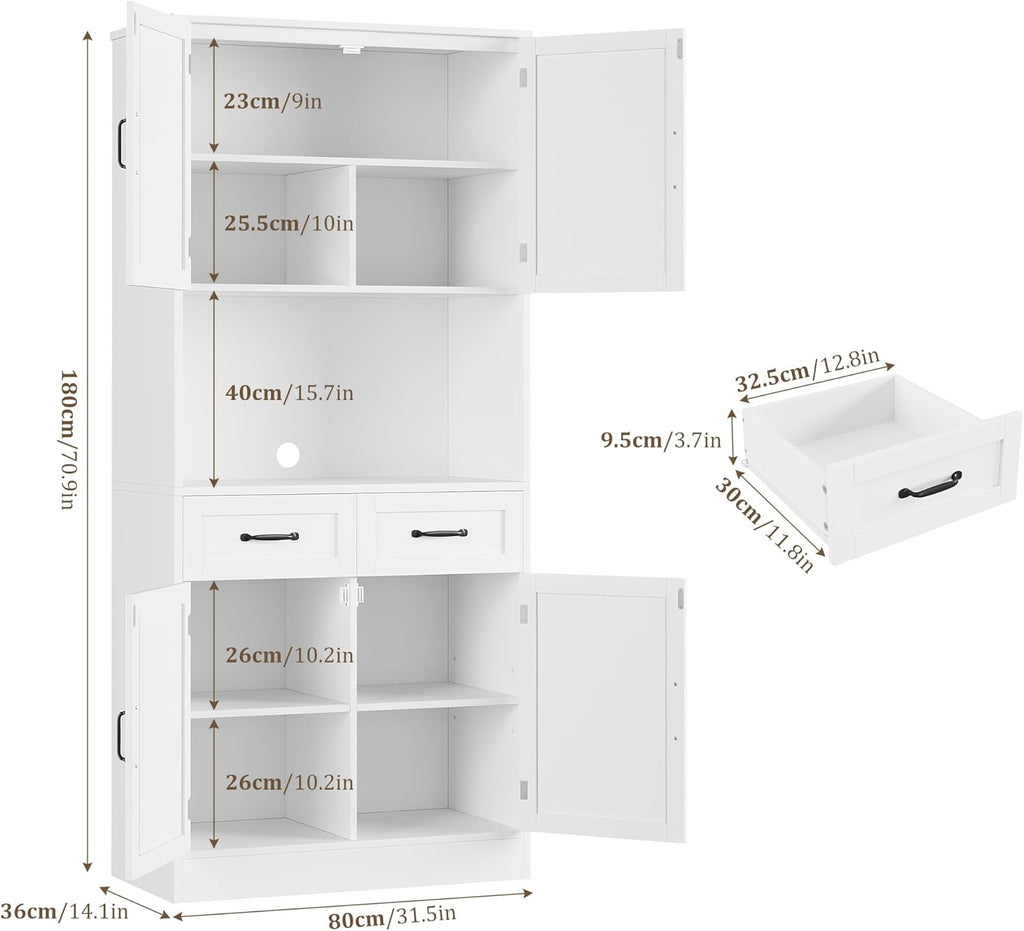 HOCSOK Buffet Haut Cuisine, 180 cm Armoire Cuisine avec 4 Portes et 2 Tiroirs, Meuble de Rangement avec Etagères Réglables, Vaisselier Vitrine, Blanc
