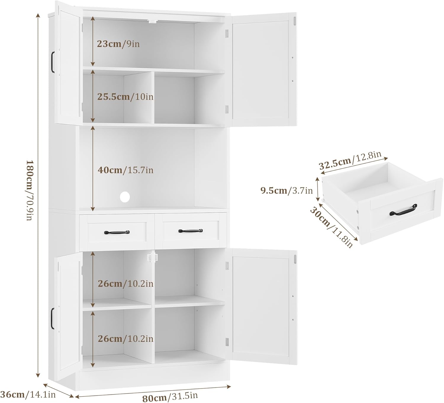 HOCSOK Buffet Haut Cuisine, 180 cm Armoire Cuisine avec 4 Portes et 2 Tiroirs, Meuble de Rangement avec Etagères Réglables, Vaisselier Vitrine, Blanc