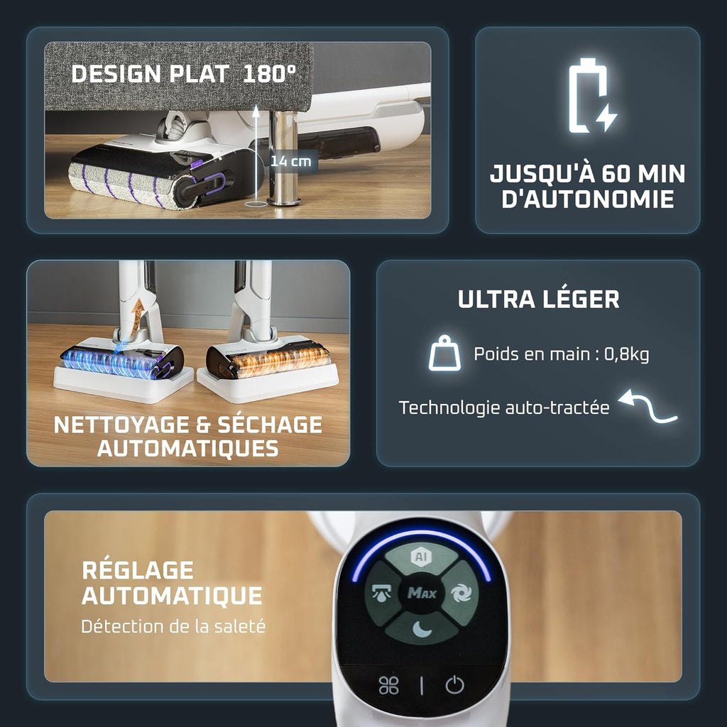 Rowenta X-Clean 10, Aspirateur Laveur sans Fil, Inclinable 180°, Auto-Nettoyage et séchage 65°C, 60min, pour tâches tenaces, Poils d’Animaux YY5785FE, Blanc