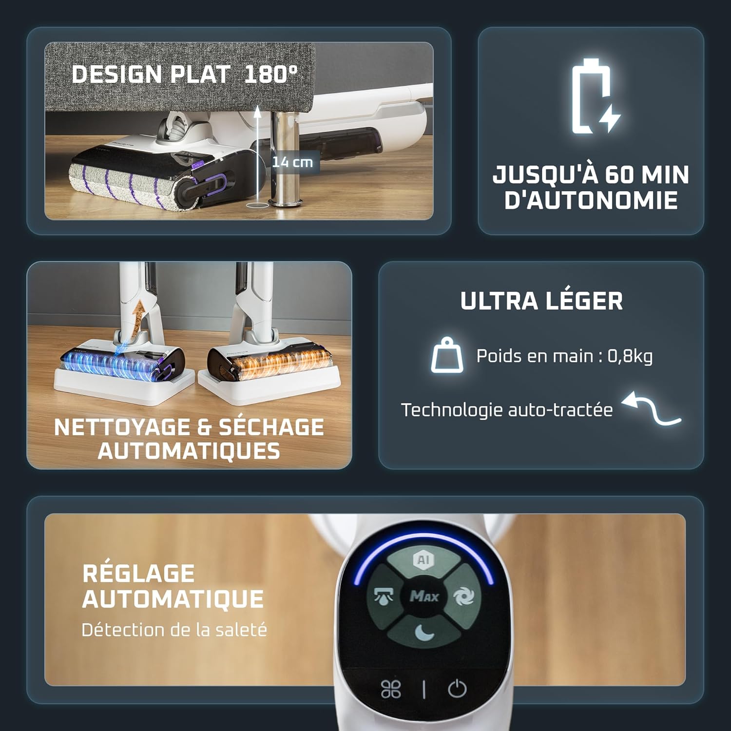 Rowenta X-Clean 10, Aspirateur Laveur sans Fil, Inclinable 180°, Auto-Nettoyage et séchage 65°C, 60min, pour tâches tenaces, Poils d’Animaux YY5785FE, Blanc