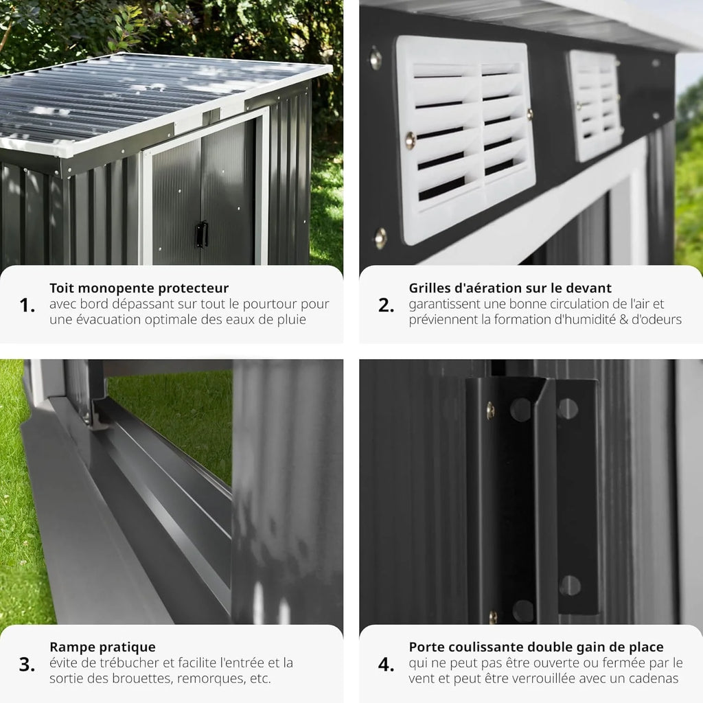 Tectake abri jardin métal 213x130x173cm monopente avec fondation, outils/moto