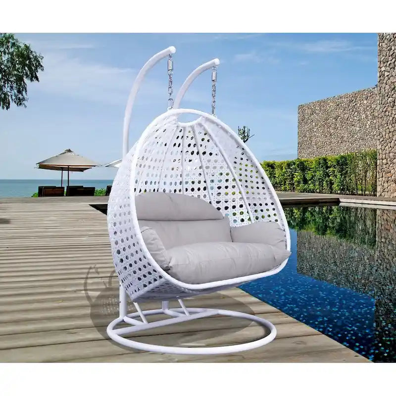 LeisureMod 2 Person Hanging Egg Chair with Stand - Outdoor/Indoor Rattan Wicker Patio Swing Hammock Lounger with Cushions