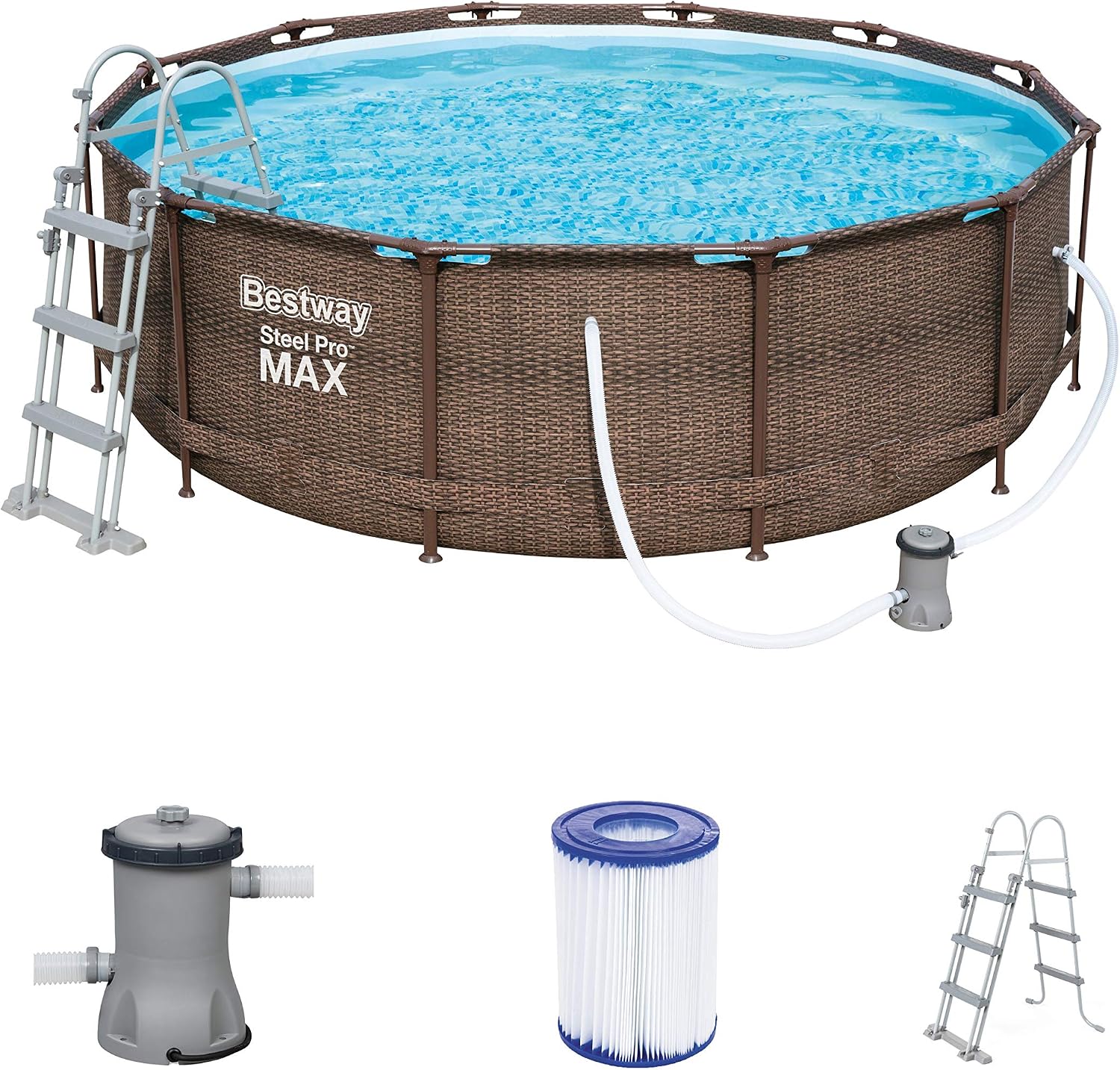 Bestway 56709 Piscine Hors Sol Power Steel™ Effet Rotin Diamètre 366 X 100 cm, Filtre à Cartouche, Échelle