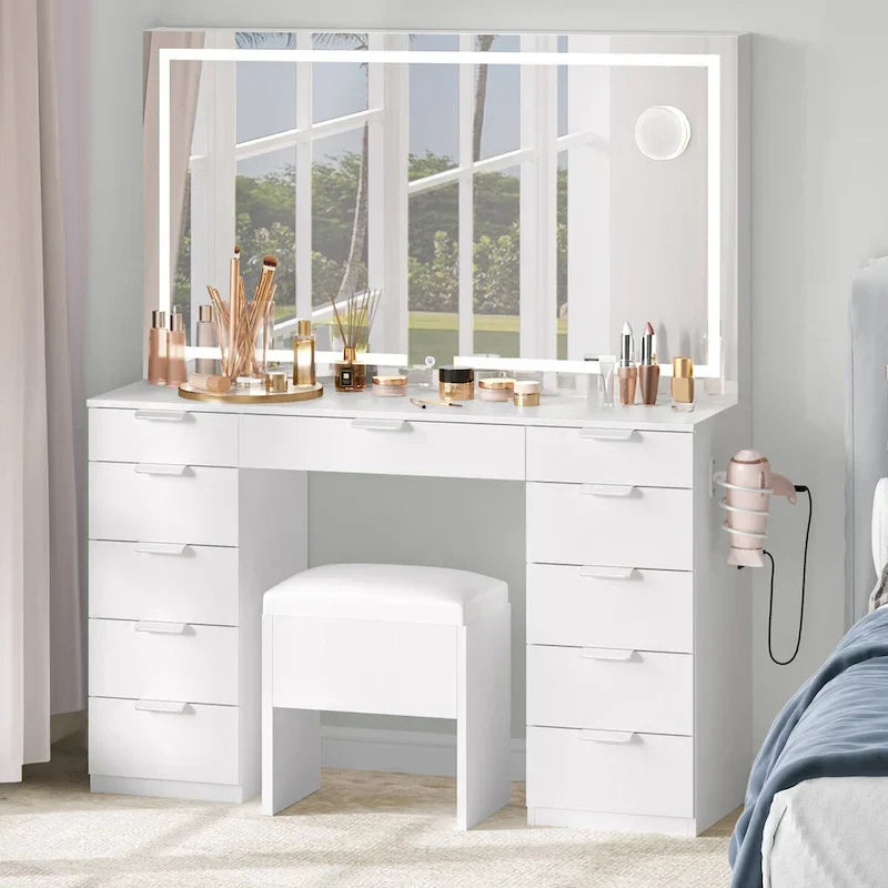 Moasis 46 Coiffeuse avec prise intégrée, miroir éclairé et support pour sèche-cheveux – 55,8 H x 46 L x 11,7 P
