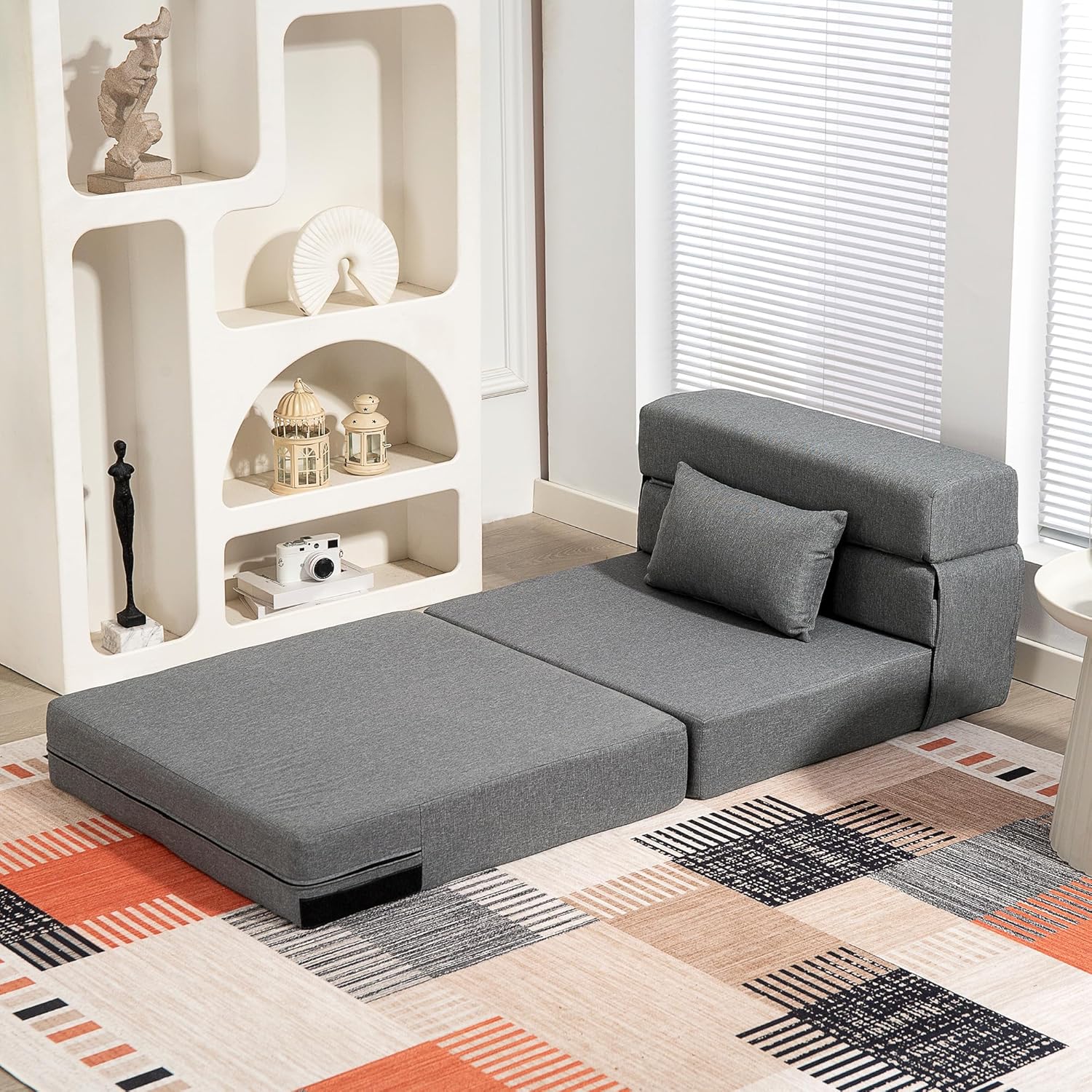 HOMCOM Fauteuil Convertible 1 Place 3 en 1, Fauteuil lit Pliant, chauffeuse 1 Place en Lin avec Large Assise, Coussin Inclus, Matelas Pliable 210 cm pour invités, Salon, Petit Espace, Gris
