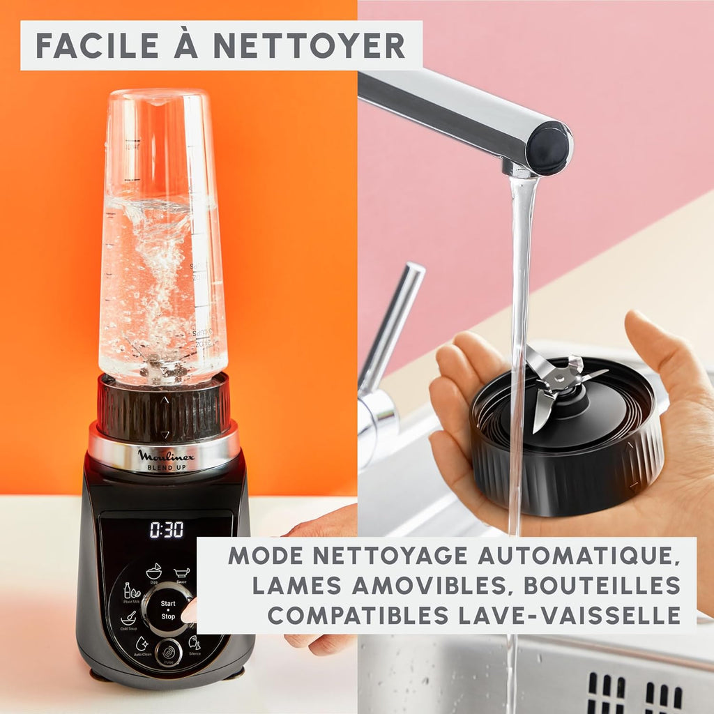 Moulinex Blend Up, Mini blender puissant, 1 000 W, 8 programmes automatiques, Glace pilée LM19H4F0, Gris Etain