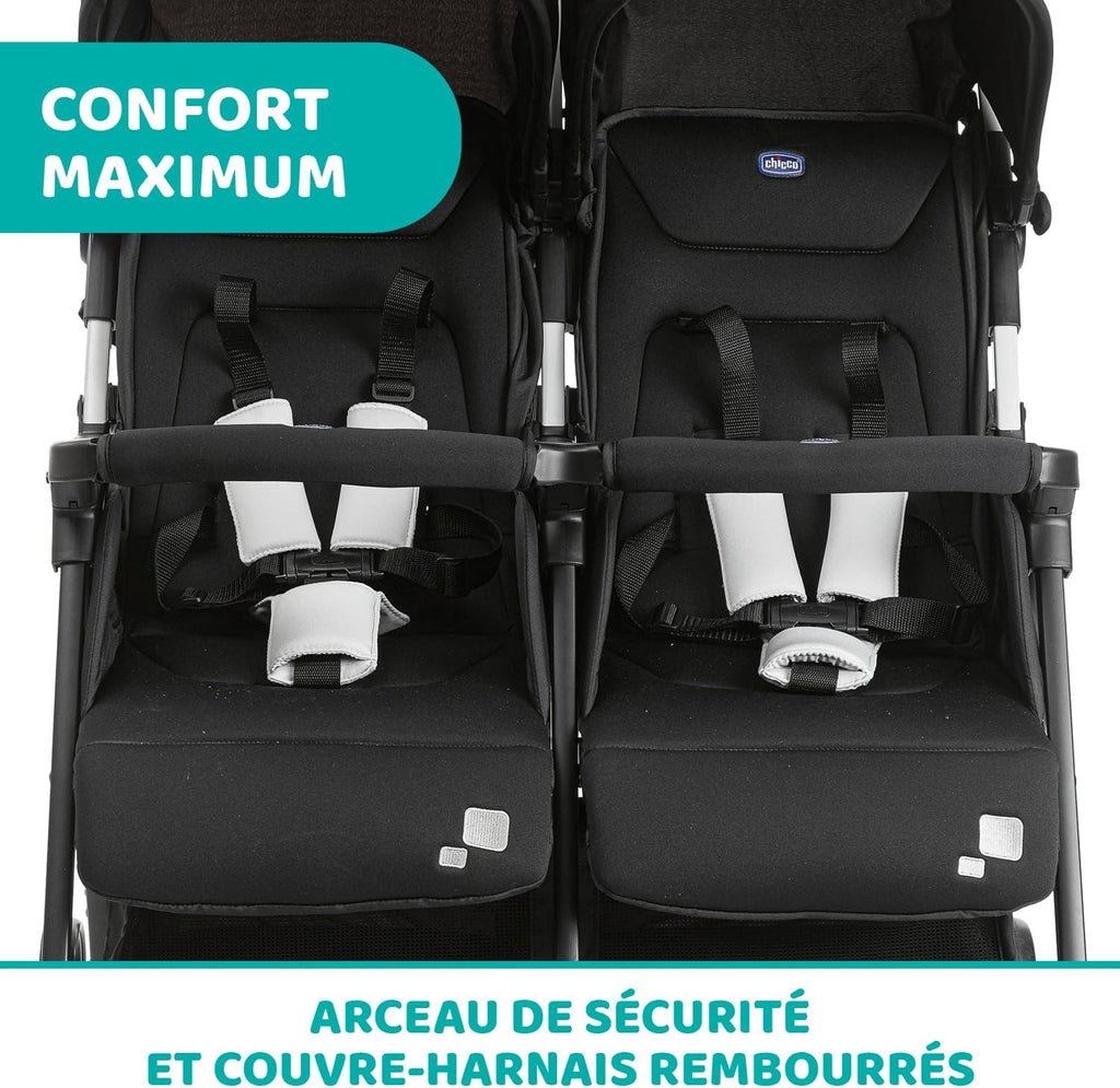 Chicco OHlalà Poussette Double Tandem, Légère Inclinable et Pliable, pour Jumeaux dès la Naissance jusqu'à 15 kg, Fermeture Compacte, Housse de Pluie Incluse, Capote Extensible – Noir