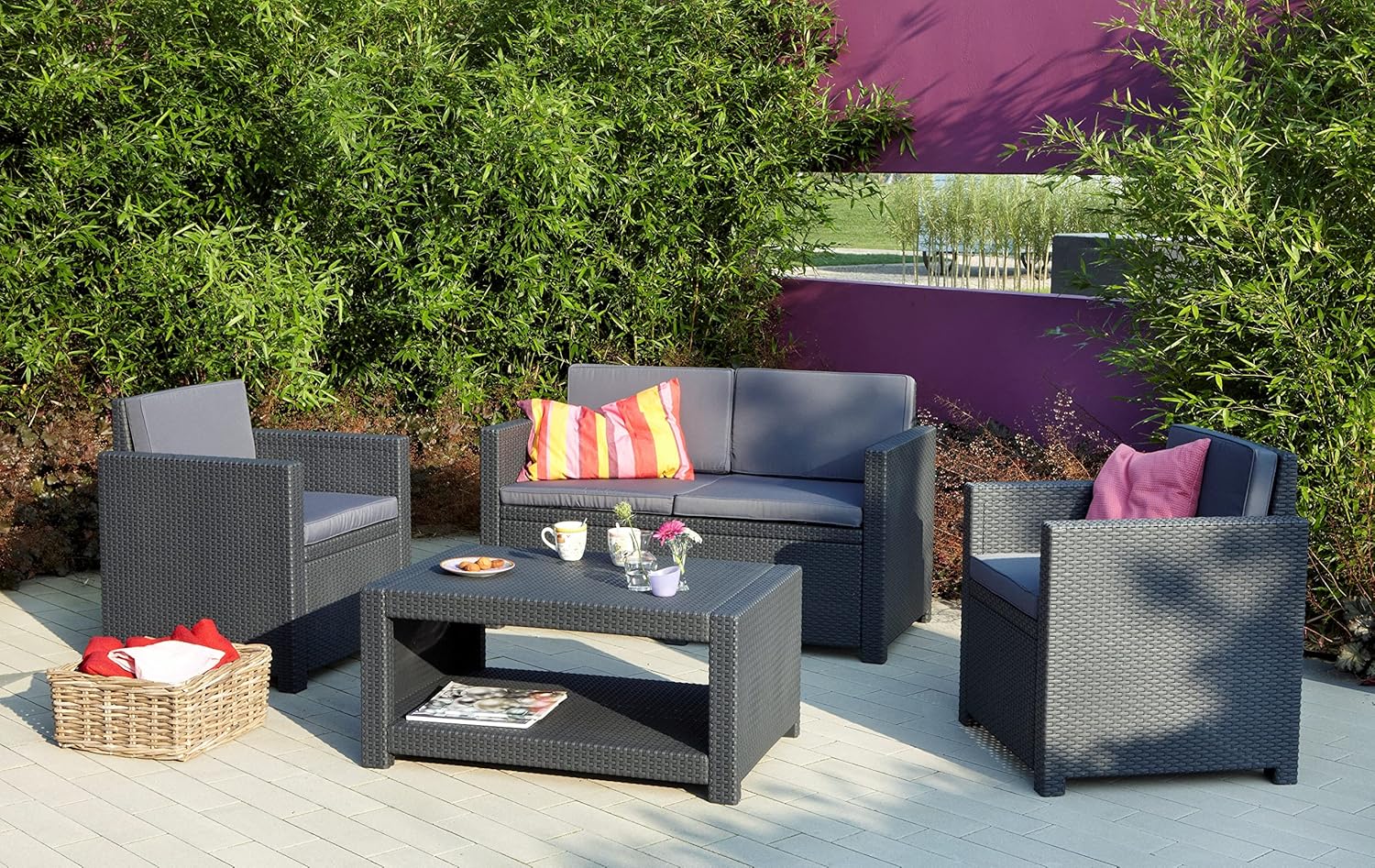 Allibert by Keter Monaco Salon de Jardin 4 pièces, Graphite/Gris, avec Coussins d'assise et de Dossier, en Plastique, Aspect rotin Plat