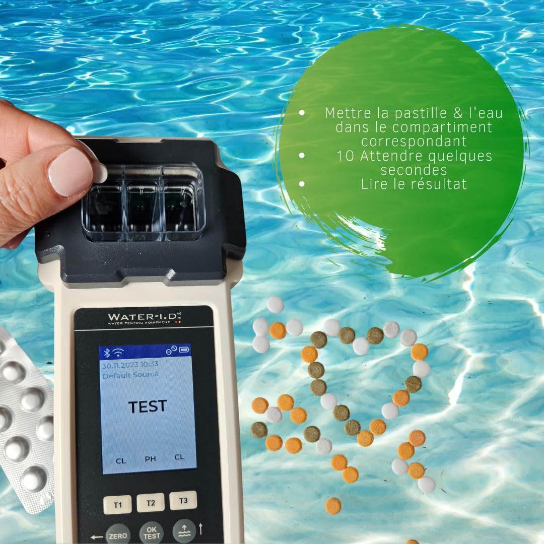 Poollab 2.0 Special Edition - Testeur électronique de piscine (photomètre) - 170 comprimés rouges de phénol pour test de la valeur du pH et du chlore - Accessoires de piscine (avec DPD1,