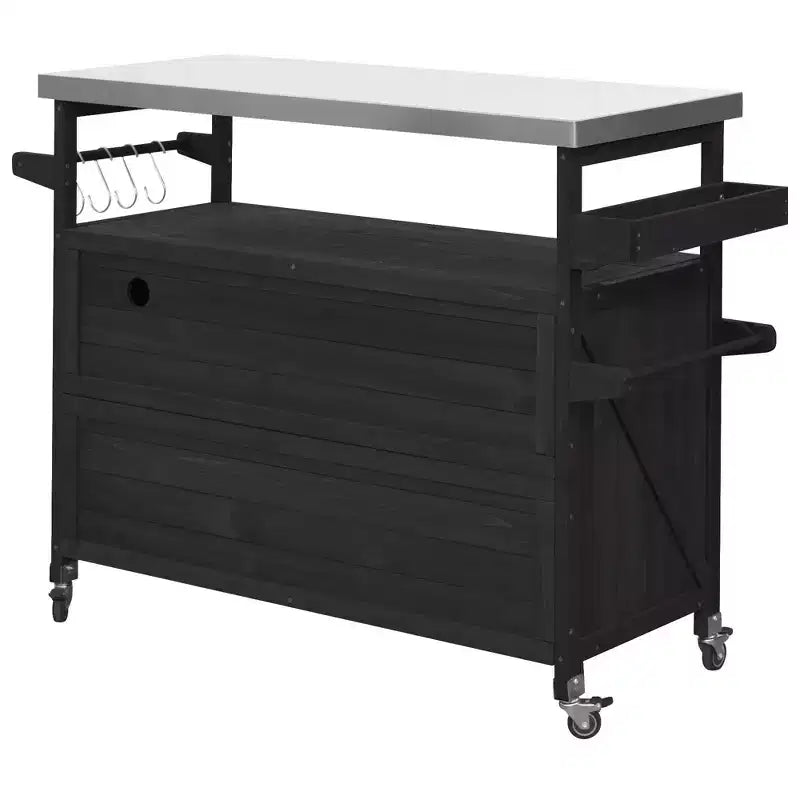 Okak Outdoor Kitchen Island with Stainless Steel Top, Wooden Kitchen Cart with Doors, Shelves and Spice Rack, Rolling Kitchen Island