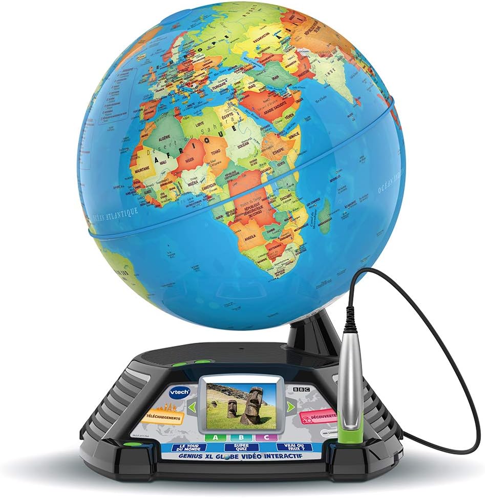VTech - Genius XL Globe Vidéo Interactif, Globe Terrestre Enfant avec Écran Couleur, Stylet Tactile, 600 Vidéos de la BBC, Jouet Scientifique Éducatif, Cadeau Enfant Dès 7 Ans - Contenu en Français