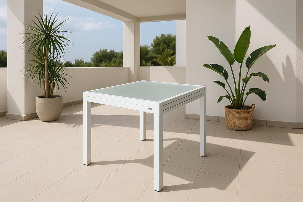 MOMMA HOME Table extensible de jardin en aluminium et verre trempé - Table carrée extensible d'extérieur - Dimensions 90/150 x 90 x 74 cm (blanc)
