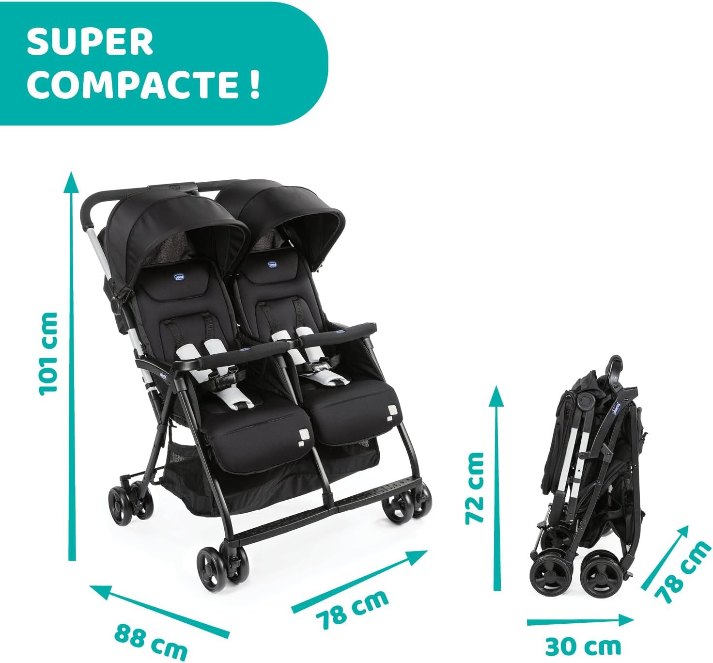 Chicco OHlalà Poussette Double Tandem, Légère Inclinable et Pliable, pour Jumeaux dès la Naissance jusqu'à 15 kg, Fermeture Compacte, Housse de Pluie Incluse, Capote Extensible – Noir