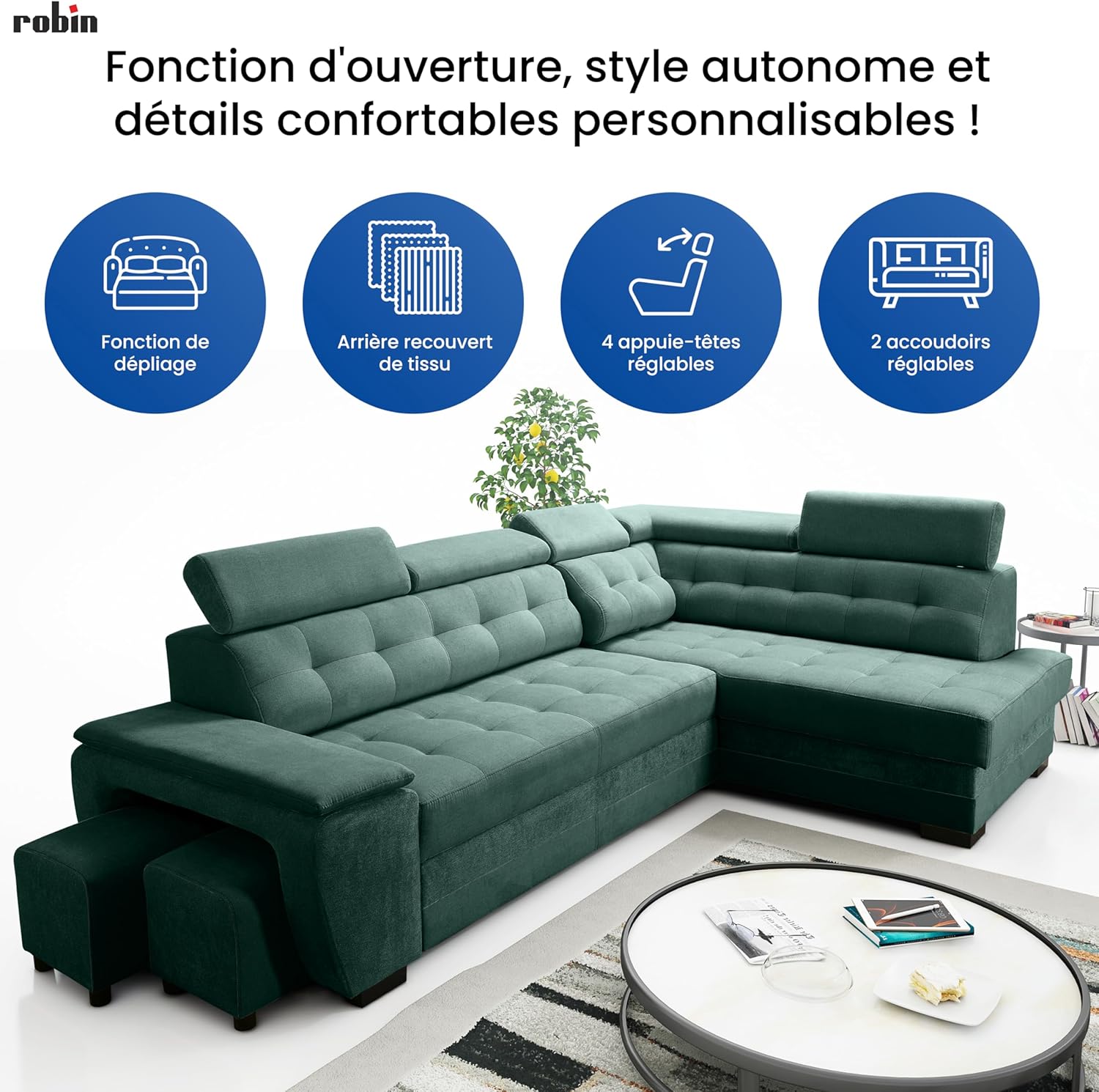 Robin Grand canapé d'angle Convertible avec Coffre de Rangement et Deux tabourets - Canapé d'angle autoportant en Forme de L - Appuie-tête réglables