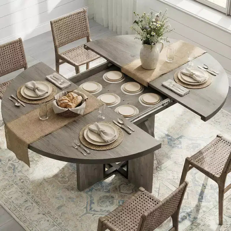 Table à manger ronde extensible 47-63 pour 4-8 personnes, table de cuisine extensible en bois de style ferme avec cadre métallique, ovale peu encombrante pour appartement, gris rétro