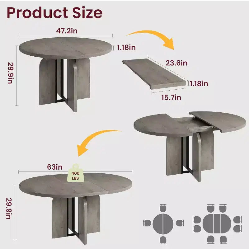 Table à manger ronde extensible 47-63 pour 4-8 personnes, table de cuisine extensible en bois de style ferme avec cadre métallique, ovale peu encombrante pour appartement, gris rétro