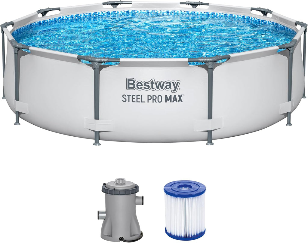 Bestway Steel Pro Max Frame Kit Piscine avec Pompe à Filtre Ø 305 x 76 cm, Gris Clair, Rond