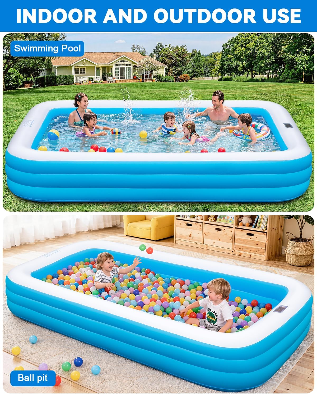 Grande piscine gonflable pour adultes, 330,2 x 182,9 x 55,9 cm, piscine gonflable épaisse avec lumières et pompe, 7 couleurs changeantes, durable, piscine familiale pour jardin, jardin extérieur