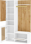 Meuble armoire pratique avec miroir pleine longueur,rangement chaussures avec assise basse,crochets suspendus en métal doré,étagères latérales ouvertes,vertical pour entrée claire Bois+Blanc