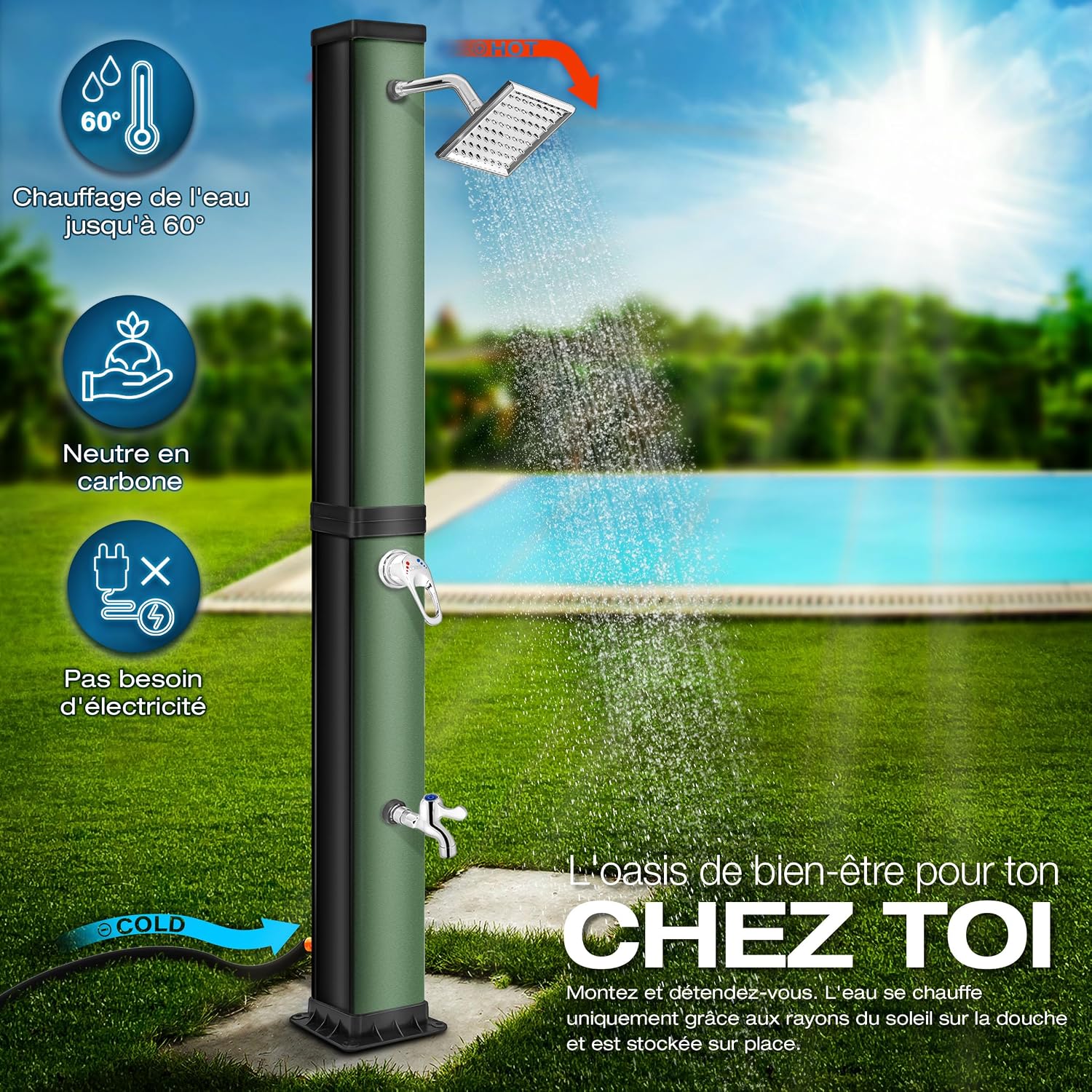 tillvex Douche Solaire avec Capot de Protection | Douche de Jardin Eau Chaude | Douche de Piscine Camping | sans raccordement électrique (Noir/Vert, 40 litres)