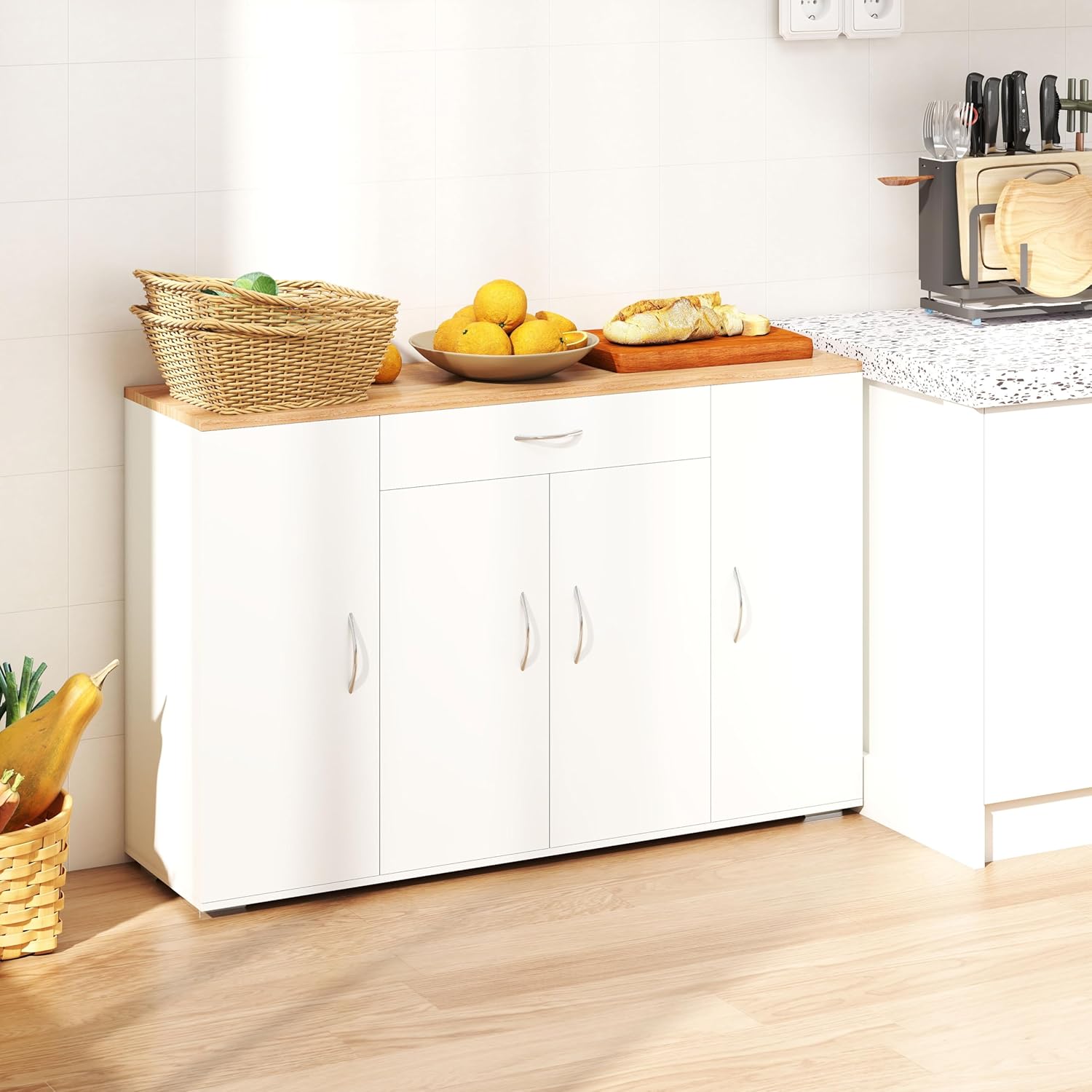 Meuble Cuisine Rangement avec Plan de Travail avec 4 Portes et 1 tiroir, Meuble de Rangement Cuisine Blanche Moderne