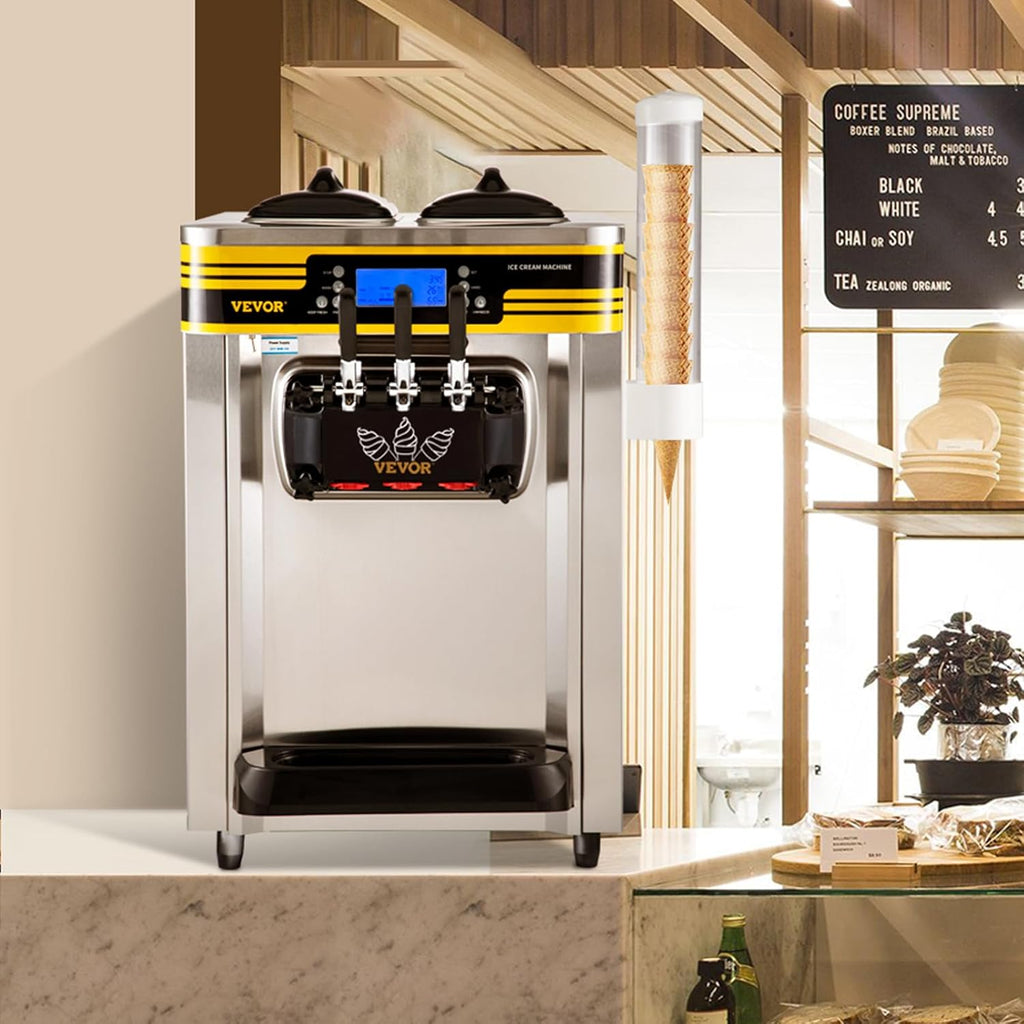 VEVOR Machine à Crème Glacée Molle 22-30L/h 2350W Machine à Glace Italienne Trémie 6L Sorbetière Glace à l’Italienne Pré-Réfrigération Décongélation en Un Clic 3 Saveurs Sundae Yaourt Café Snack-Bar