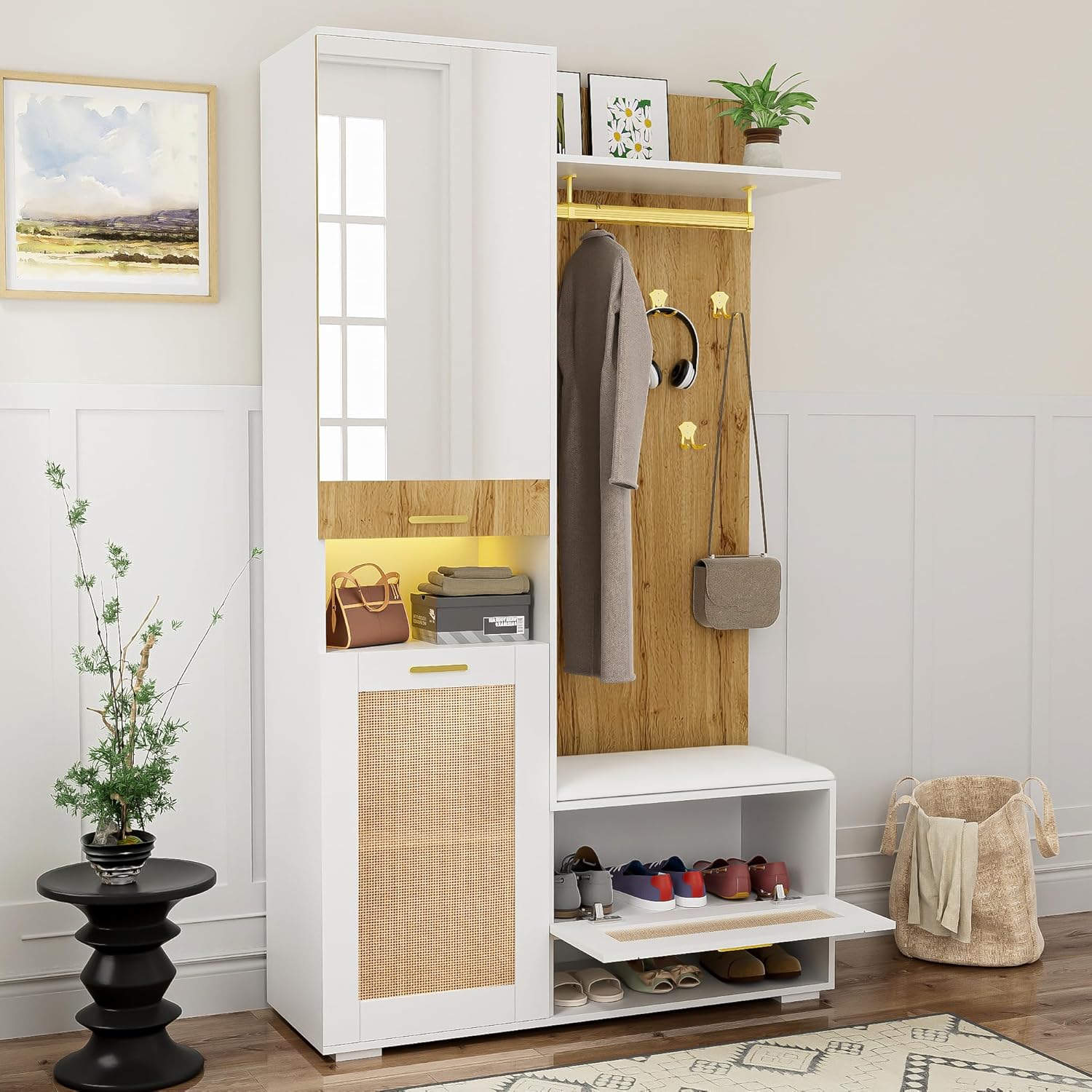 Meuble armoire pratique avec miroir pleine longueur,rangement chaussures avec assise basse,crochets suspendus en métal doré,étagères latérales ouvertes,vertical pour entrée claire Bois+Blanc