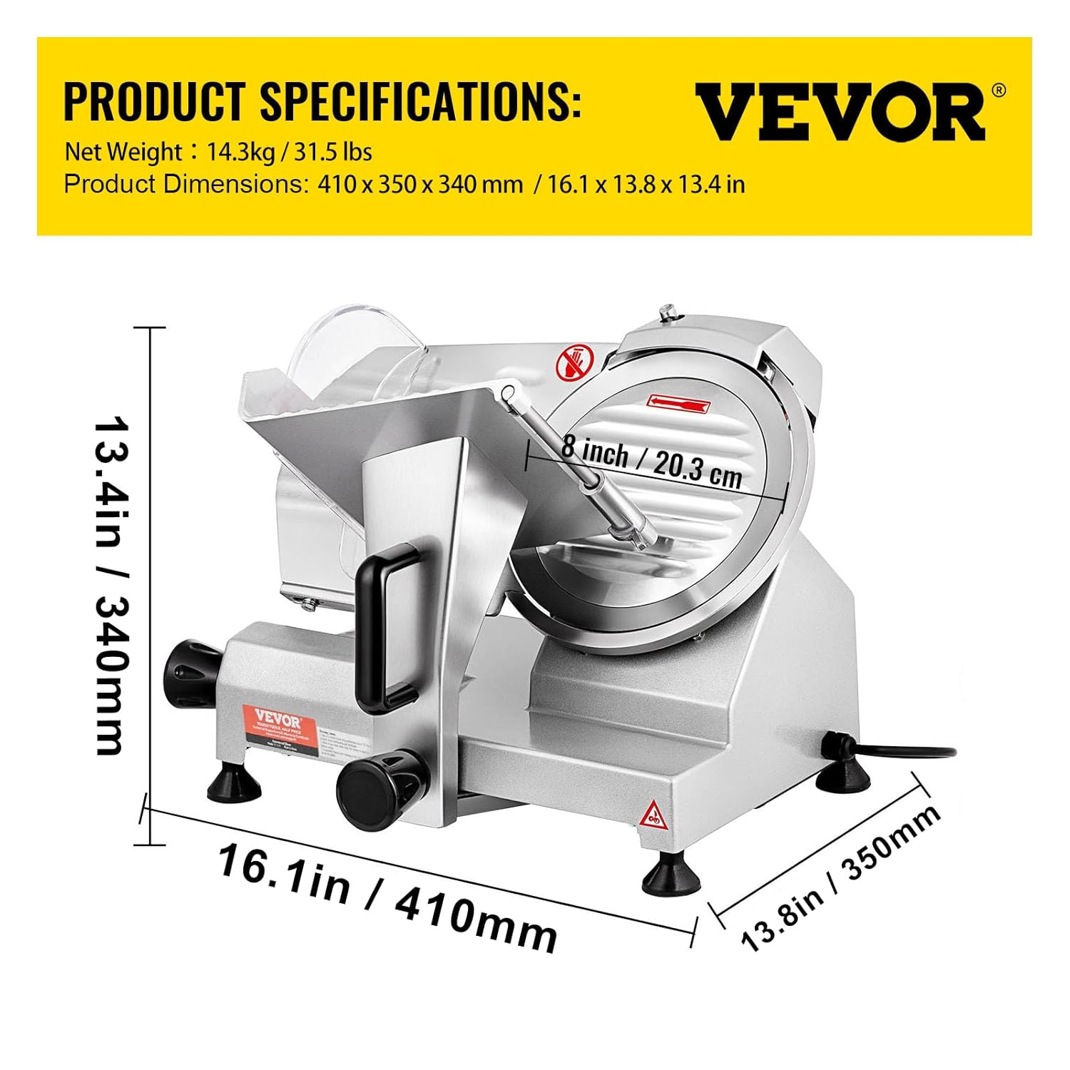 VEVOR Trancheuse Électrique Commerciale 200 W Trancheuse à Jambon Lame 203 mm 350-400 tr/min Trancheuse Charcuterie en Acier Inoxydable et Alu pour Couper en Tranches Viande Fromage Légumes Fruits