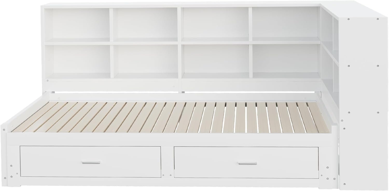 Lit Gigogne 90x190 cm + 180x190 cm - Lit en Bois avec Rangement et Prise Intégrée, Structure Pin et MDF, Matelas Non Inclus - Blanc