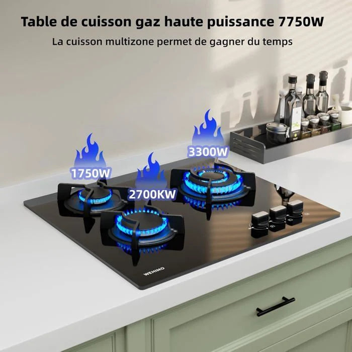 Plaque gaz WEHIMO 2 feux encastrable verre trempé