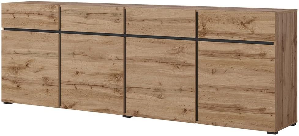Buffet XL couleur chêne et noir 225 cm, collection Havana. Buffet moderne avec 4 portes et 4 tiroirs.