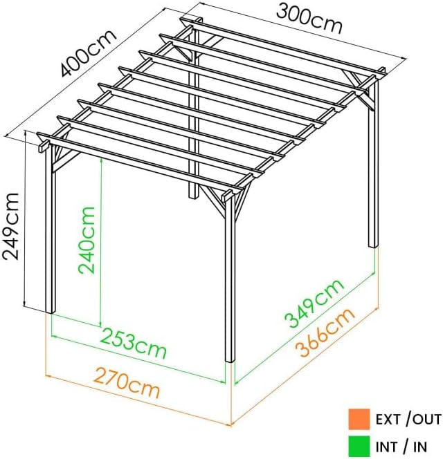 Tonnelle en Bois Magdalie 4x3 m - Pin sylvestre traité Autoclave, Structure Solide 4 poteaux 9x9 cm - Idéale terrasse, Jardin et Espace ombragé