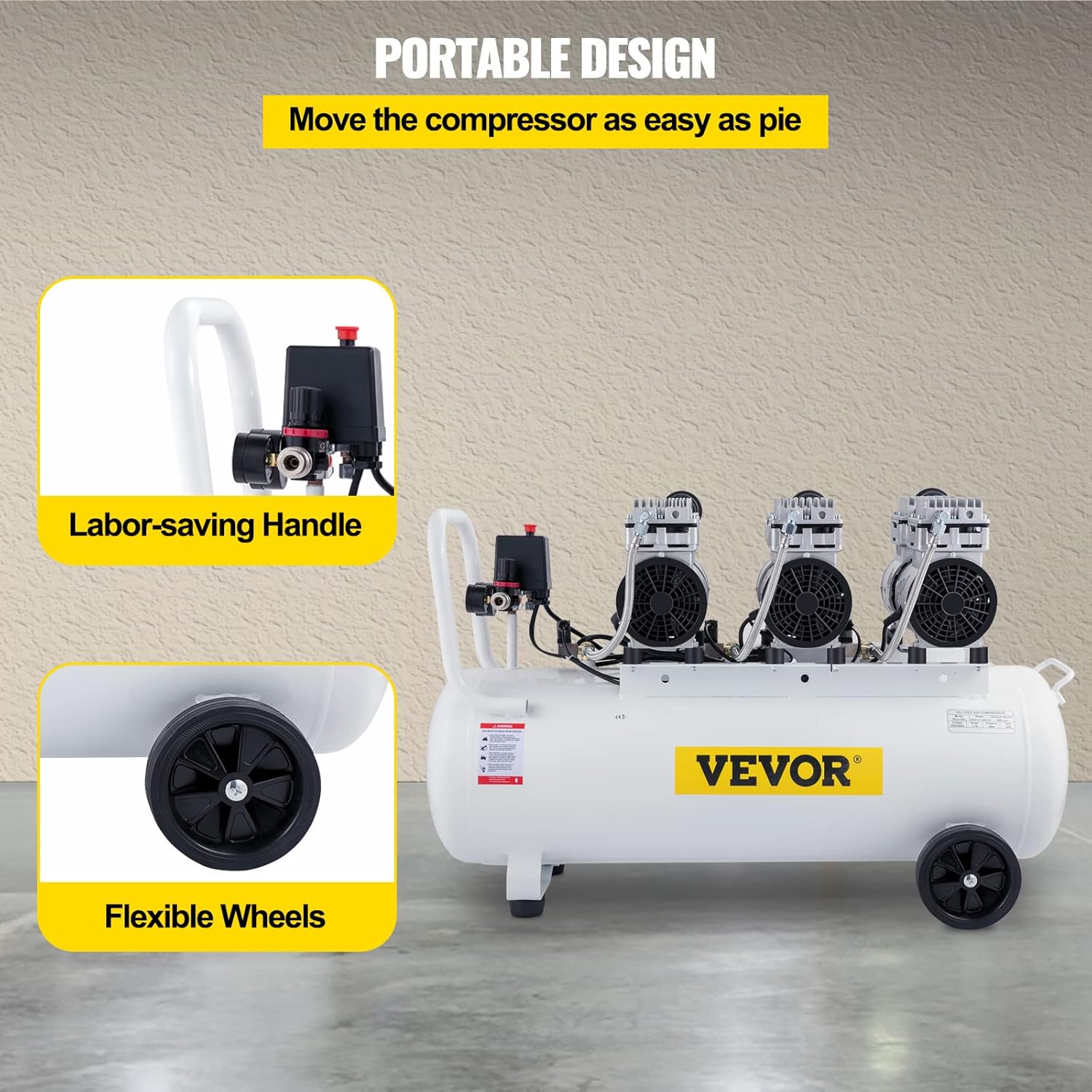 VEVOR Compresseur d’Air sans Huile Compresseur Silencieux à Air Comprimé Compresseur Outil d’Atelier pour Réparations Domiciliaires, Gonflage de Pneus (100L 2.2KW, Électrovanne)