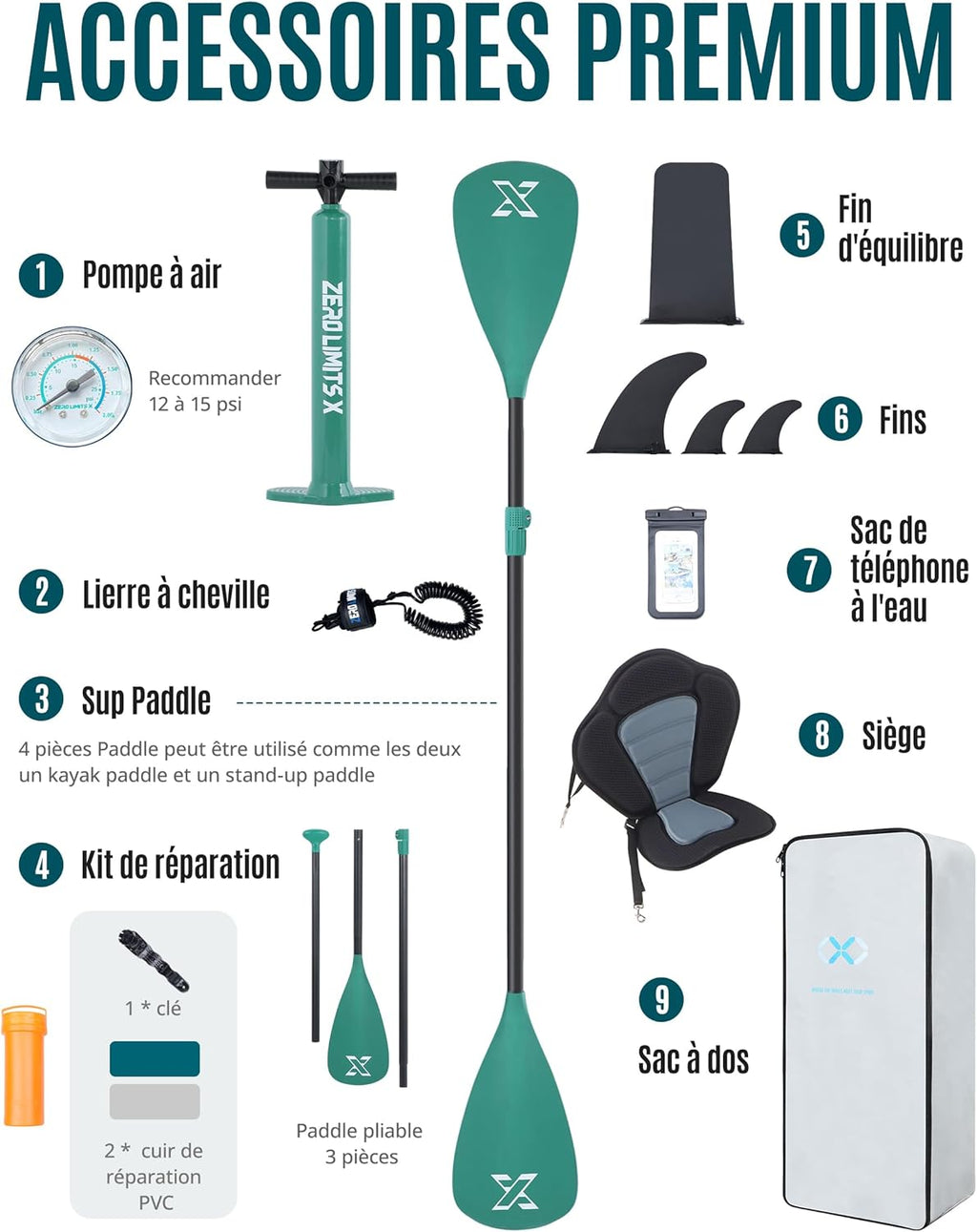 ZLX Paddle Gonflable Adulte 2 Place Stand up Paddle Gonflable avec Accessoires Sup Board pour Les Adolescents et Les Adultes de Tous Les Niveaux de compétence, Kayak/Bateau avec siège 10'6" x 33"