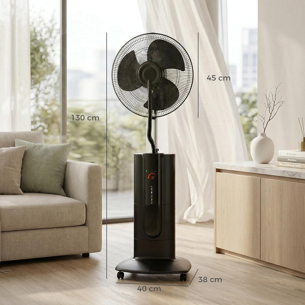 HOMCOM Ventilateur brumisateur 100 W à ionisation négative, ventilateur sur pied 130 cm, oscillation à 120°, 3 vitesses, 3 modes, réservoir d'eau 1,5 L, télécommande, minuterie 9h, roulettes, noir