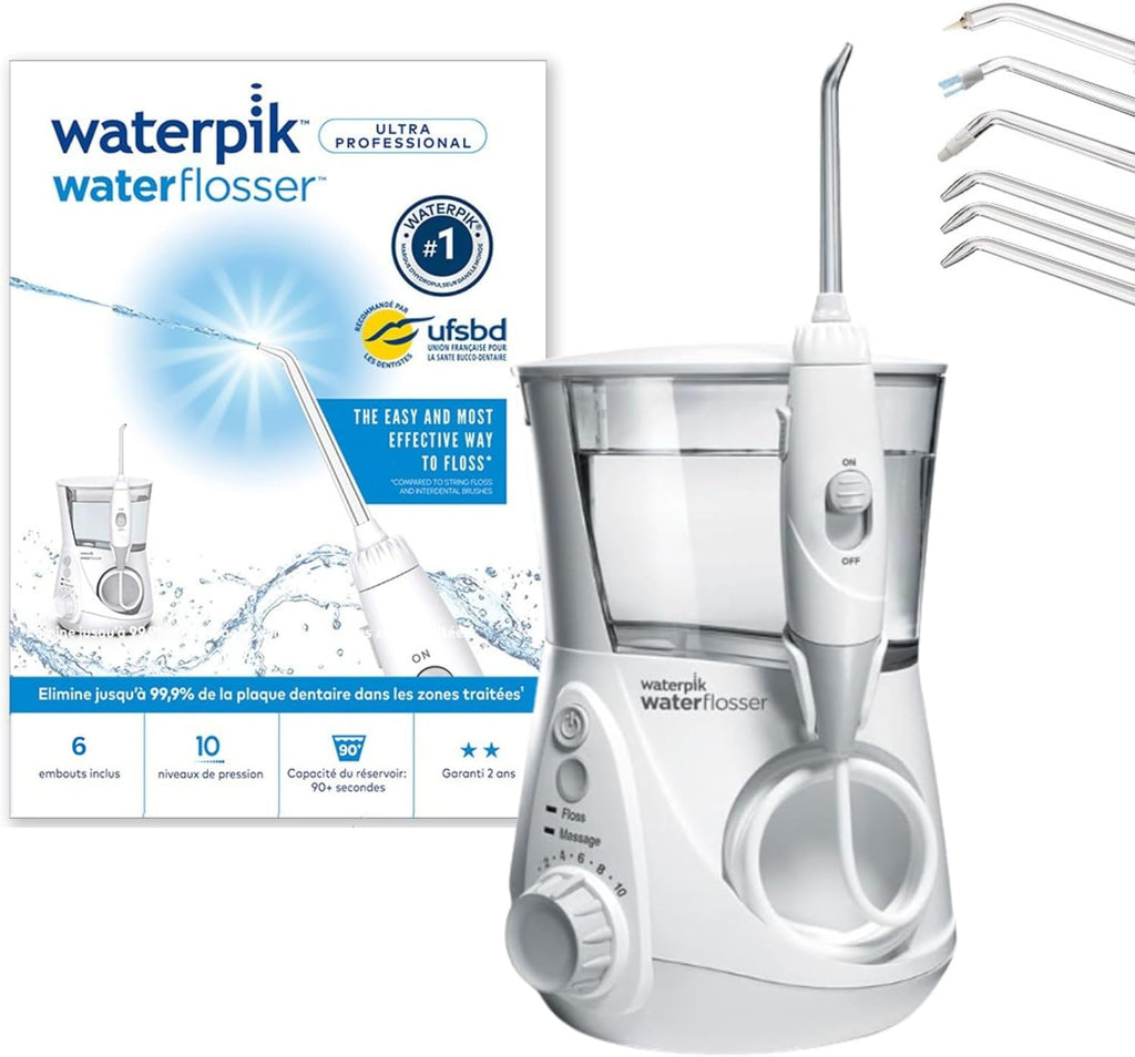 Waterpik – Hydropulseur Ultra professionnal, Jet dentaire avec 6 embouts et 10 niveaux de pression, Élimine la plaque, Blanc (WF-660EU)