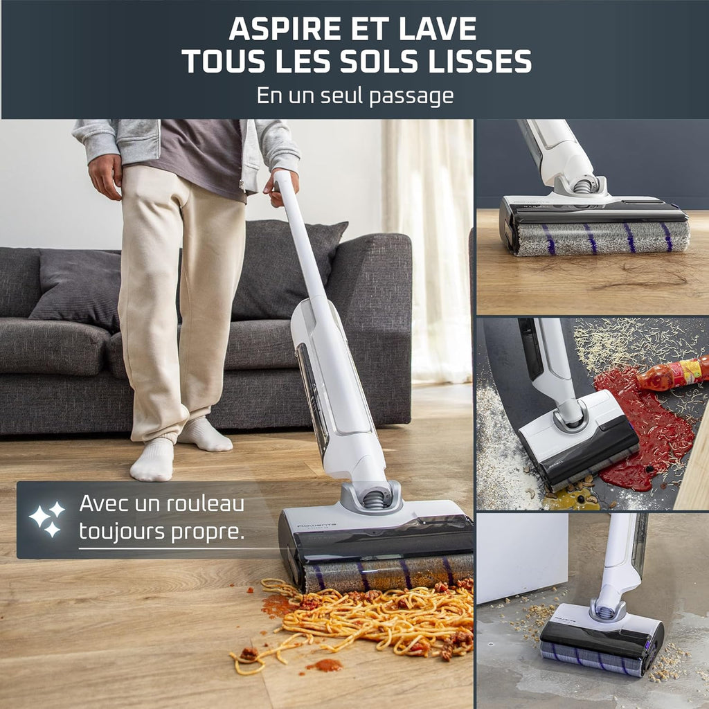 Rowenta X-Clean 10, Aspirateur Laveur sans Fil, Inclinable 180°, Auto-Nettoyage et séchage 65°C, 60min, pour tâches tenaces, Poils d’Animaux YY5785FE, Blanc