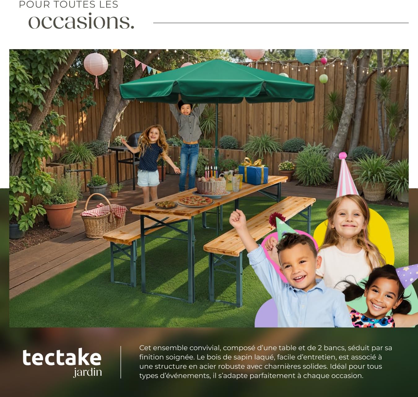 tectake® Ensemble de Table extérieure et Banc en Bois de Brasserie 3 pcs. Salon de Jardin Pliable & Peu encombrant, avec Support Parasol, Mobilier Solide pour Pique Nique Réceptions Barbecue Mariage
