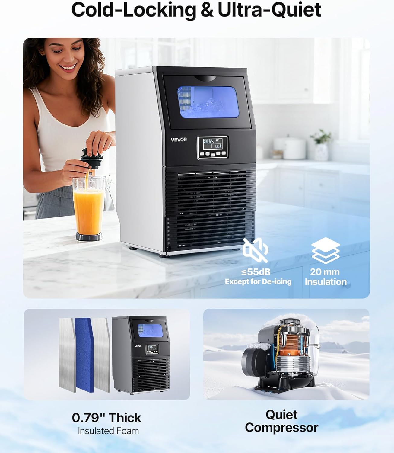 VEVOR Machine à Glaçons Commerciale 36 kg/24 h, Appareil de Préparation de Glaçons avec Capacité de Stockage de 5 kg, 32 Cubes par Cycle, avec Écran LED et Nettoyage Automatique, Restaurant Bar