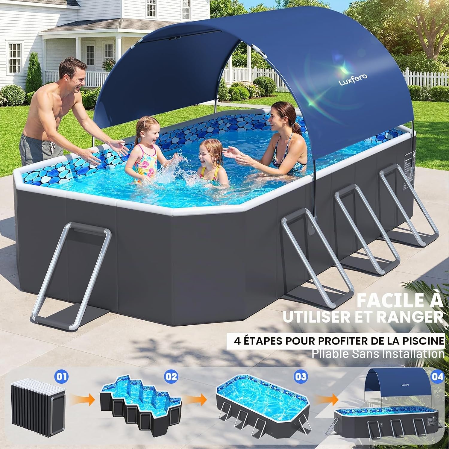 Luxfero Piscine Rectangulaire Tubulaire avec Auvent, Piscine hors sol Pliable Grande, Metal Frame Piscine Tubulaire Épaissi, Facile à Ranger&Épuisement Piscine pour Jardin et Famille,228 x 127 x 50 cm