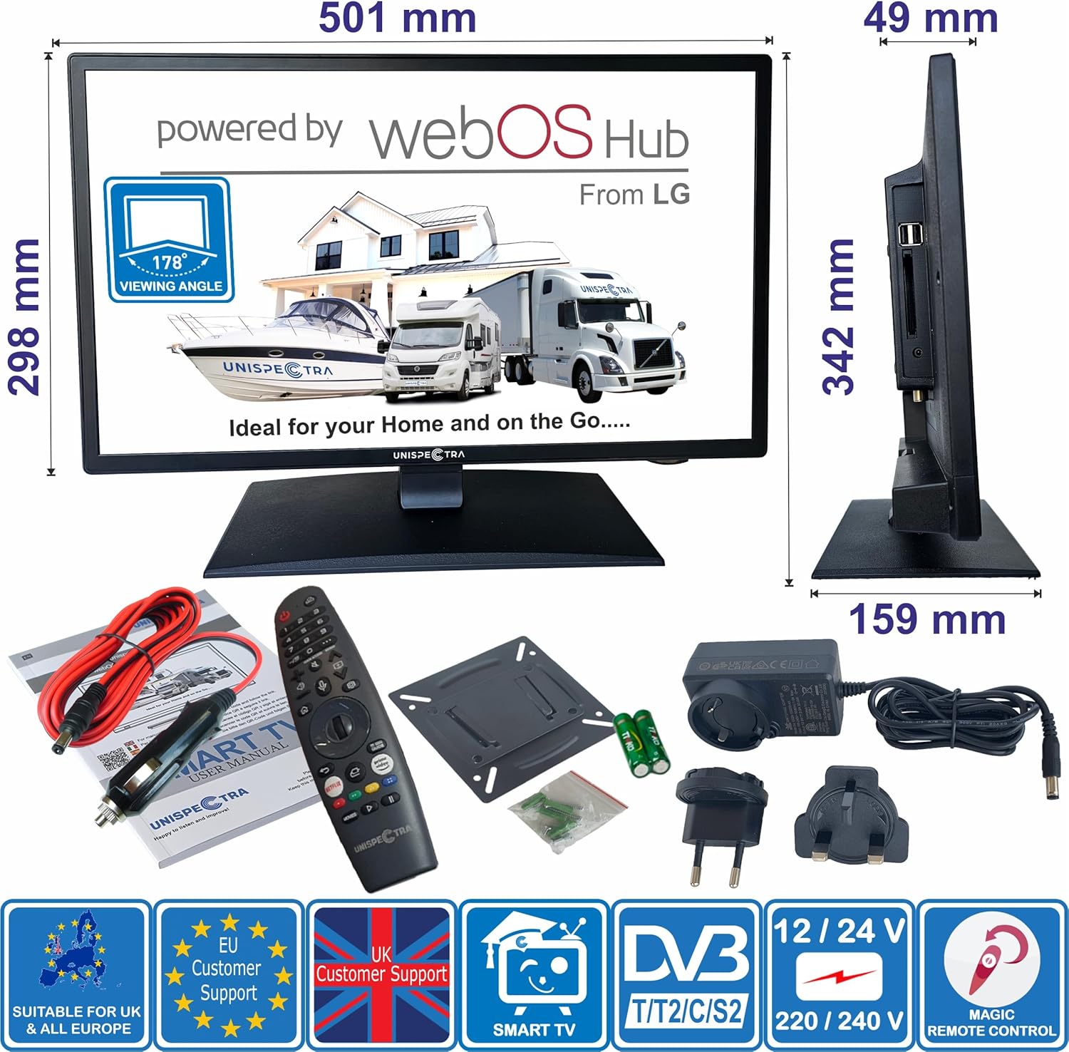 Unispectra WebOS Smart TV 22" 12 V ELED Full HD 240 V TV Freeview & SAT Tuner 3 x HDMI, 2 x USB, Magic Remote. Téléviseurs pour camping-cars, caravanes, camions et camionnettes