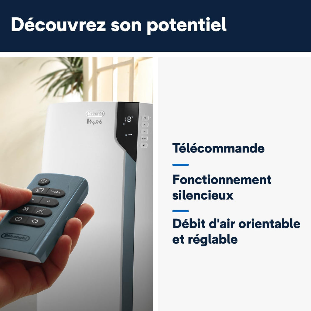 De'Longhi Pinguino PAC EX105 Climatiseur mobile avec technologie EcoRealFeel 10 000 BTU/h, pour pièces jusqu'à 100 m³, fonction déshumidification et ventilation, minuterie 24 heures, classe