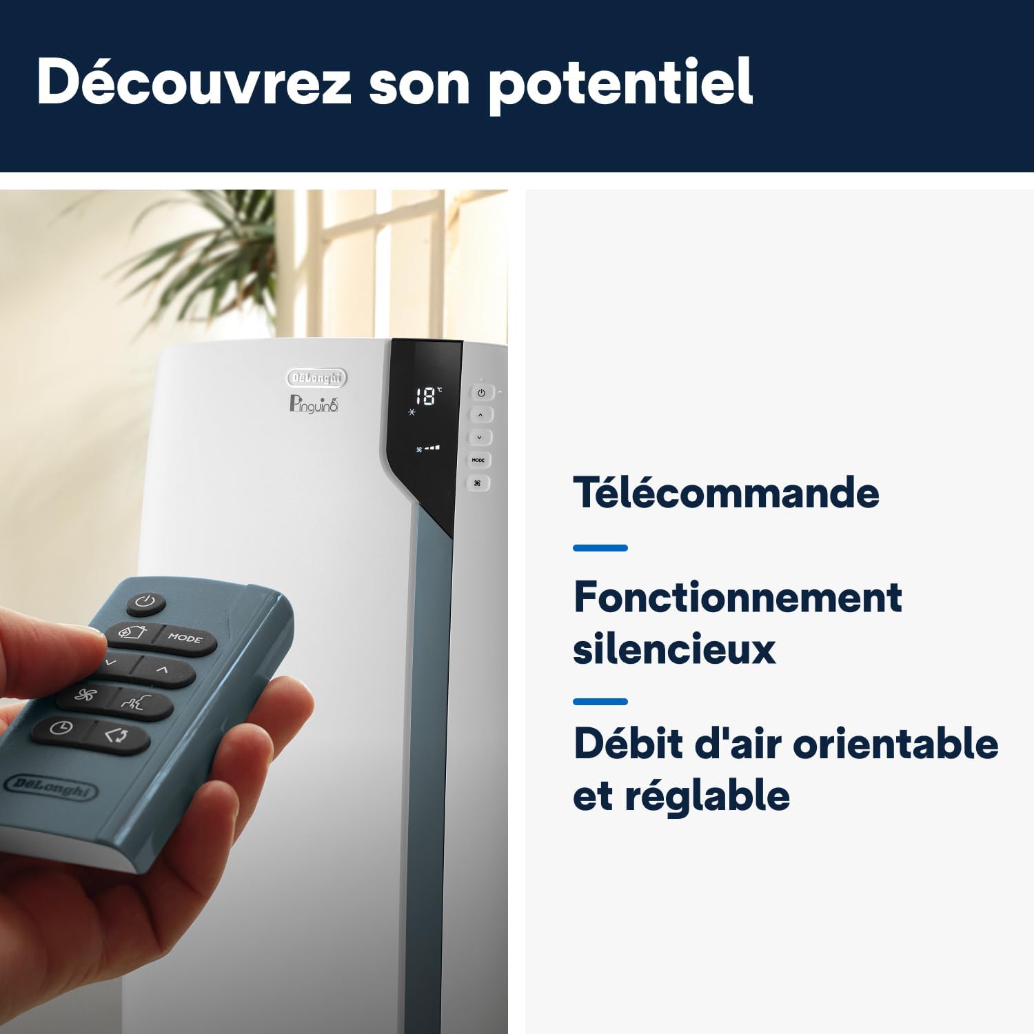 De'Longhi Pinguino PAC EX105 Climatiseur mobile avec technologie EcoRealFeel 10 000 BTU/h, pour pièces jusqu'à 100 m³, fonction déshumidification et ventilation, minuterie 24 heures, classe