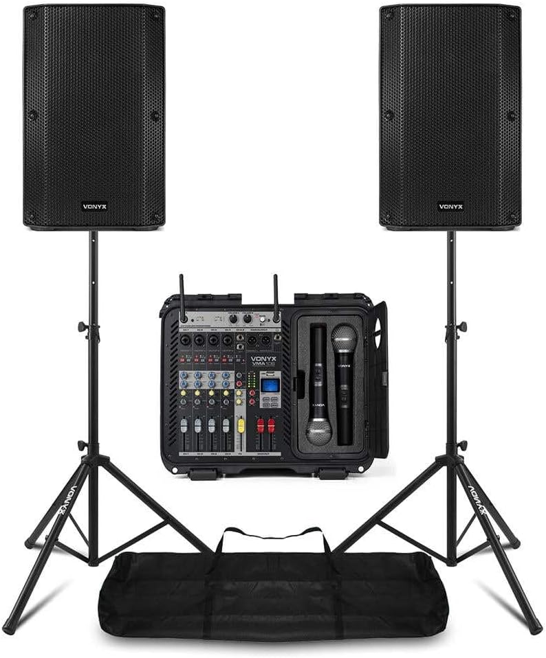 Pack Sono Complet avec Table de Mixage, 2 Enceintes Passives, Micros UHF, Câbles - 1600 Watts, Pied d'Enceines 110 à 175 cm, Bluetooth, MP3, Idéal pour Les DJ Mobiles, Groupes, Événements, Concerts