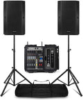 Pack Sono Complet avec Table de Mixage, 2 Enceintes Passives, Micros UHF, Câbles - 1600 Watts, Pied d'Enceines 110 à 175 cm, Bluetooth, MP3, Idéal pour Les DJ Mobiles, Groupes, Événements, Concerts