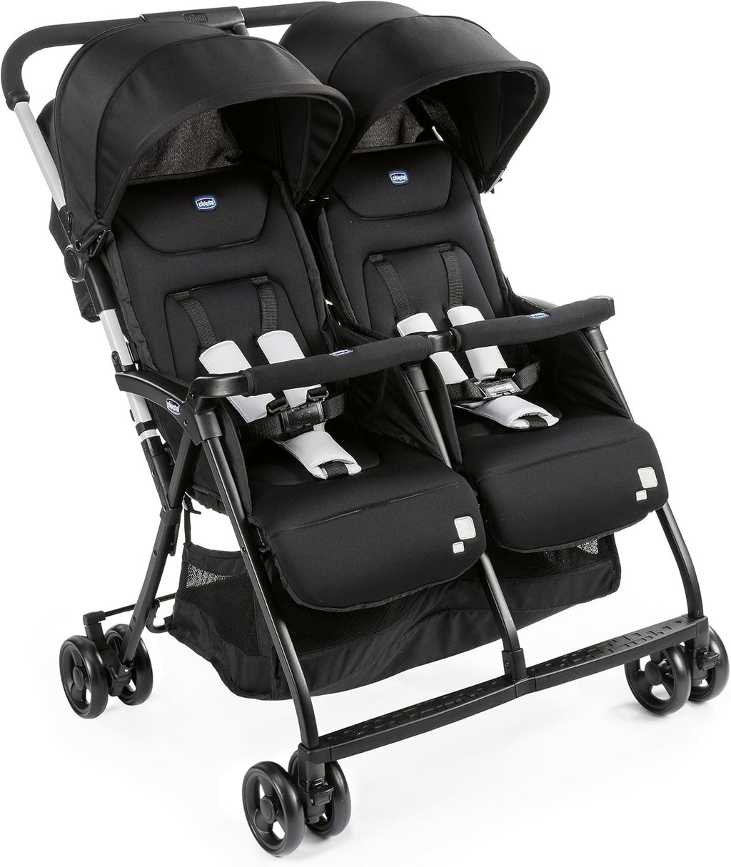 Chicco OHlalà Poussette Double Tandem, Légère Inclinable et Pliable, pour Jumeaux dès la Naissance jusqu'à 15 kg, Fermeture Compacte, Housse de Pluie Incluse, Capote Extensible – Noir