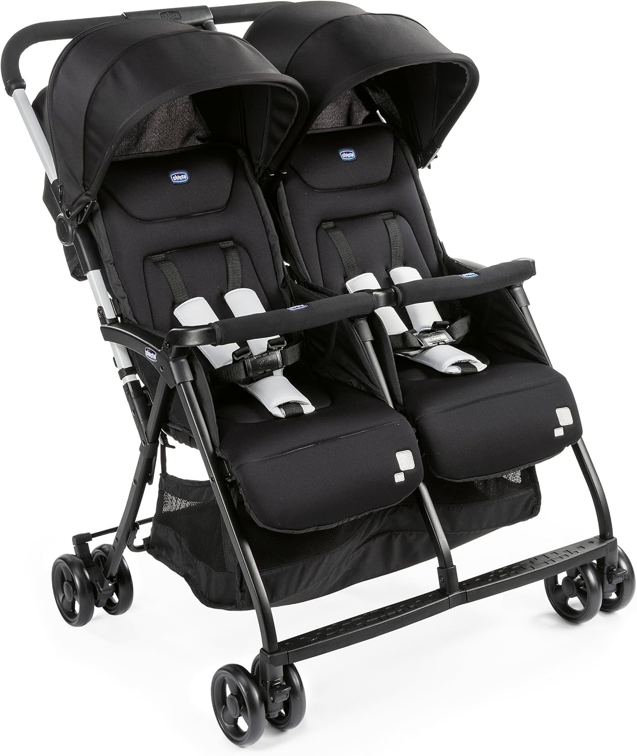 Chicco OHlalà Poussette Double Tandem, Légère Inclinable et Pliable, pour Jumeaux dès la Naissance jusqu'à 15 kg, Fermeture Compacte, Housse de Pluie Incluse, Capote Extensible – Noir