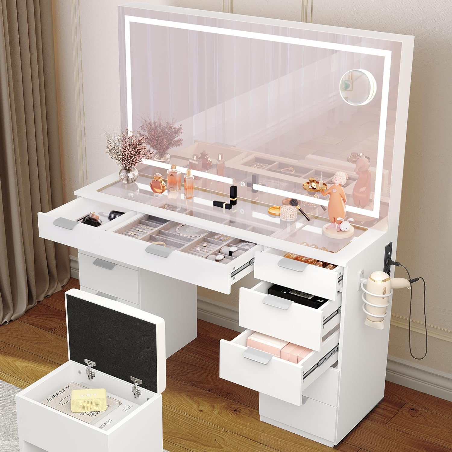 Grande Coiffeuse avec éclairage LED réglable et Prises électriques, Coiffeuse avec Miroir, Toit en Verre Transparent, 11 tiroirs et Tabouret, Blanc