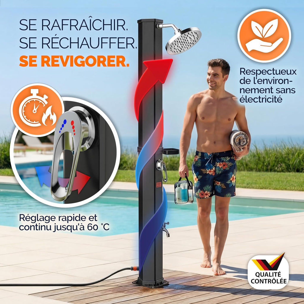 Casaria® Douche Solaire Jardin 35 L - 216 cm - Pommeau de Douche pivotant Ø15 cm - Douchette extérieur Eau Chaude - avec raccord Tuyau d'Arrosage & Housse de Protection - Piscine, Terrasse, Camping